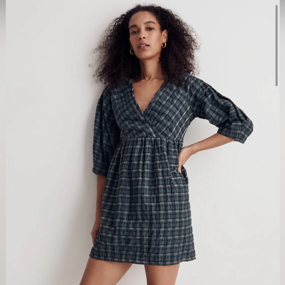 Madewell Mariana Puff-Sleeve Mini Dress in plaid